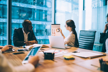 Woman showing document with charts to colleagues