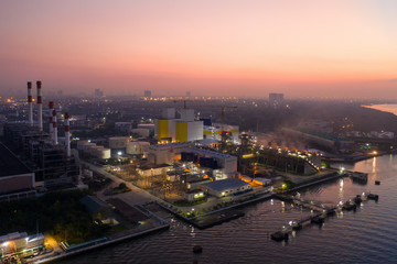 Aerial view of Power plant during twilight time.