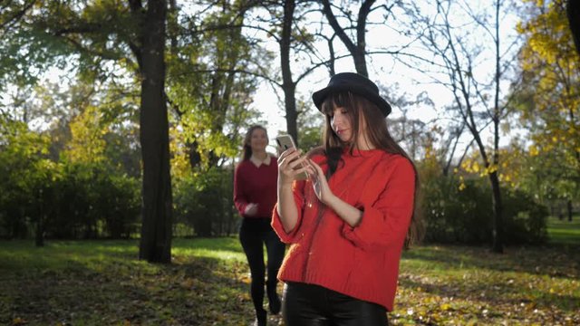 autumn time, attractive smiling young female girlfriends take a selfie on a smartphone and toss a bouquet of yellow leaves in the sun on a walk together during leaf fall