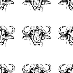 Buffalo sketch seamless pattern. Animal background black and white