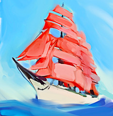 Sail yacht with a red sails. Oil paint illustration.