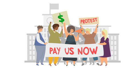 Workers salary protest concept. Group of people on a rally holding banners, transporants, flags and placards. People, men and women require a salary, salary increase, demonstrate.