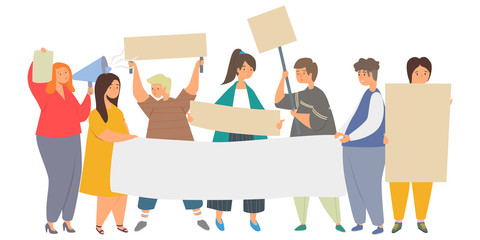 Obraz premium Rally, picket and protest flat vector illustration. Men and women defend their rights, demonstrate, workers salary protest concept. Group of people holding banners, transporants, flags and placards.