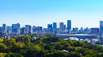 Obraz premium 新国立競技場 国立競技場 風景 日本 東京 オリンピック スタジアム 都市風景 快晴 青空 鳥瞰図