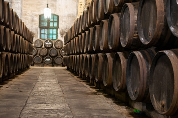 Production of fortified jerez, xeres, sherry wines in old oak barrels in sherry triangle, Jerez la...