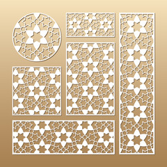 Laser cut vector panels (ratio: 1:1, 1:4, 2:1, 2:3, 3:1). Cutout silhouette with geometric pattern. The set is suitable for engraving, laser cutting wood, metal, stencil manufacturing.