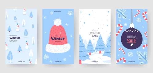 Fotobehang Colorful christmas banners with cute winter illustrations. Set of winter social media stories template. Background collection with place for text. Use for event invitation, promo, ad. Vector eps 10 © alexandertrou