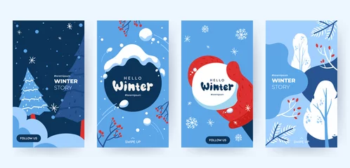 Poster Set of abstract winter backgrounds for social media stories. Colorful winter banners with falling snowflakes, snowy trees. Wintry scenes . Use for event invitation, discount voucher, ad. Vector eps 10 © alexandertrou