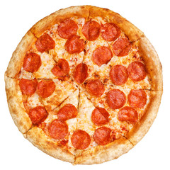 Tasty italian classic original pepperoni pizza. Top view. Isolated on white. - obrazy, fototapety, plakaty