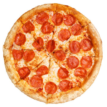 Tasty italian classic original pepperoni pizza. Top view. Isolated on white.