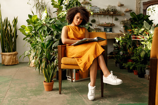Young woman sitting in armchair and reading from book 