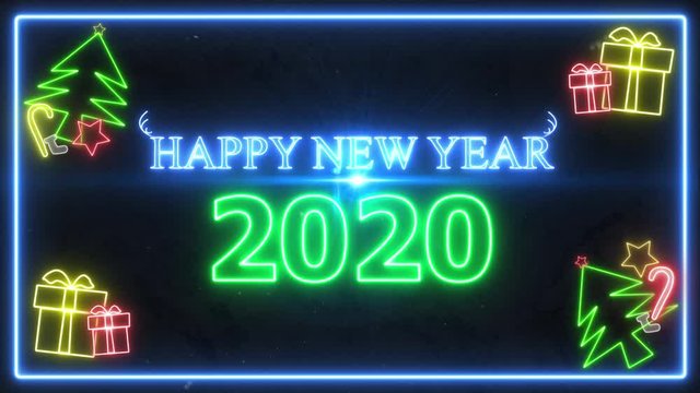 Neon light shining, glowing in concept Happy New Year 2020. And around there are Christmas toy objects such as Christmas trees, candies, socks, gift boxes.