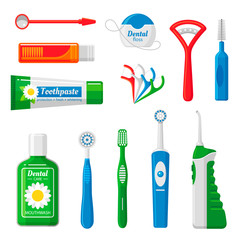 Dental care equipment flat vector illustrations set