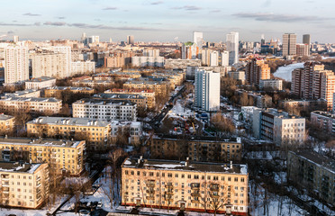 Naklejka premium view of the districts of Moscow from a height on a winter day