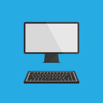 Flat computer monitor and keyboard icon. Empty or blank display screen. Computer mock-up isolated on blue background. Equipment for office. Vector illustration.