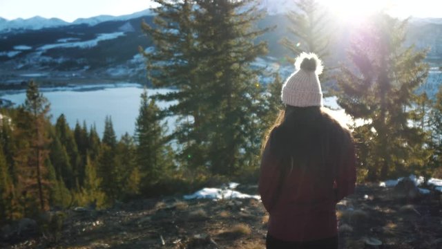 Woman Walks at Beautiful Mountain Lake Forest Landscape
