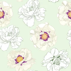 Poster White peony flowers. Seamless pattern, background. Colored and outline design. Vector illustration. In botanical style On tea green background.. © Elen  Lane