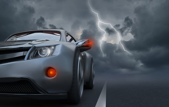 Dark silver passenger car moves along the evening highway, against the background of clouds with a thunderstorm. 3D illustration