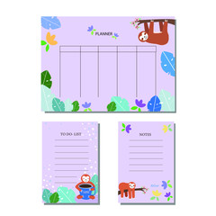Weekly Planner Template. Organizer and Schedule with Notes and To Do List. Vector, Isolated.Yearly Planner with cute sloth. Cute holiday illustration with funny animals.School weekly organizer page.