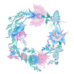 Fantasy flowers in retro, vintage, jacobean embroidery style. Element for design. Colored vector illustration. Isolated on white background..