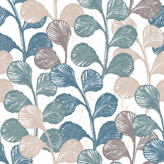 Ink hand drawn botanical seamless pattern with plant leaves