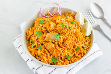 Indian Chicken Pulao, Chicken Fried Rice with Lemon and Onion, Top View Food Photography.