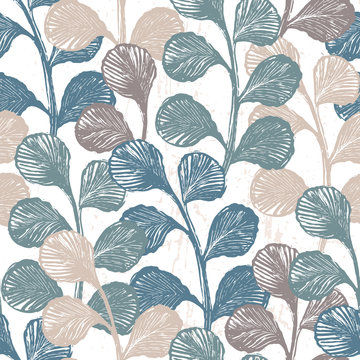 Ink hand drawn botanical seamless pattern with plant leaves