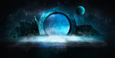 Rolgordijnen Futuristisch nachtlandschap met abstract landschap en eiland, maanlicht, glans. Donkere natuurlijke scène met weerspiegeling van licht in het water, neon blauw licht. Donkere neon cirkel achtergrond. 3D illustratie © MiaStendal