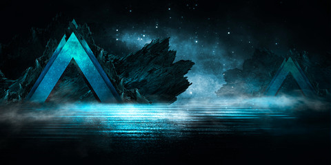 Futuristisch nachtlandschap met abstract landschap en eiland, maanlicht, glans. Donkere natuurlijke scène met weerspiegeling van licht in het water, neonblauw licht. Donkere neon cirkel achtergrond. 3D illustratie
