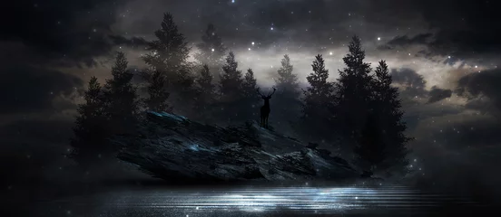 Fensteraufkleber Futuristische Nachtlandschaft mit abstrakter Landschaft und Insel, Mondlicht, Glanz. Dunkle natürliche Szene mit Lichtreflexion im Wasser, neonblaues Licht. Dunkler Neonhintergrund. 3D-Darstellung © MiaStendal