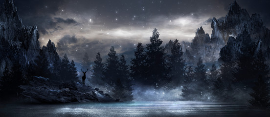 Paysage de nuit futuriste avec paysage abstrait et île, clair de lune, éclat. Scène naturelle sombre avec reflet de la lumière dans l& 39 eau, lumière bleu néon. Fond néon foncé. illustration 3D