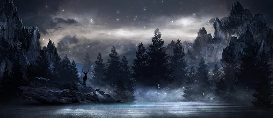 Fotobehang Futuristisch nachtlandschap met abstract landschap en eiland, maanlicht, glans. Donkere natuurlijke scène met weerspiegeling van licht in het water, neon blauw licht. Donkere neonachtergrond. 3D illustratie © MiaStendal