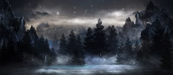 Rolgordijnen Futuristisch nachtlandschap met abstract landschap en eiland, maanlicht, glans. Donkere natuurlijke scène met weerspiegeling van licht in het water, neonblauw licht. Donkere neonachtergrond. 3D illustratie © MiaStendal