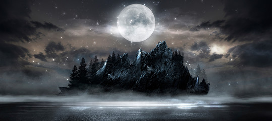 Futuristische Nachtlandschaft mit abstrakter Landschaft und Insel, Mondlicht, Glanz. Dunkle Naturszene mit Lichtreflexion im Wasser, neonblaues Licht. Dunkler Neonhintergrund. 3D-Darstellung
