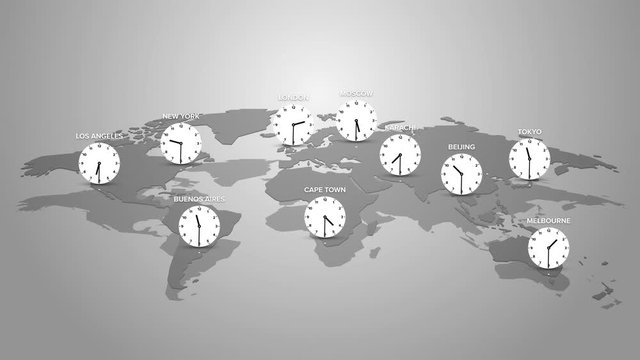 concept of time zones on planet earth with selected big cities and clock