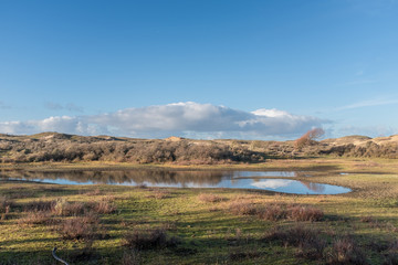 View of a dune lake with a light blue sky with clouds