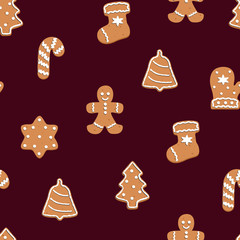 seamless pattern with Christmas gingerbread cookies on dark red background
