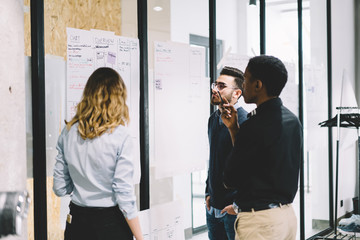 Diverse team of male and female employees in formal wear together with proud ceo looking at paper plan of working process glued on wall and thinking on better solution of success in modern office