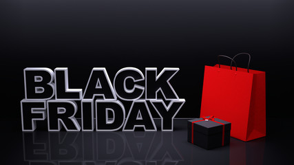 Three-dimensional "BLACK FRIDAY" characters and products on a dark background. Black friday sale concept. 3D render