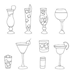 Sketch cocktails collection. Hand drawn bar set. Vector illustration.
