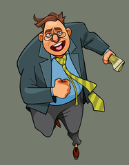 cartoon man in a suit runs and with money in his hand