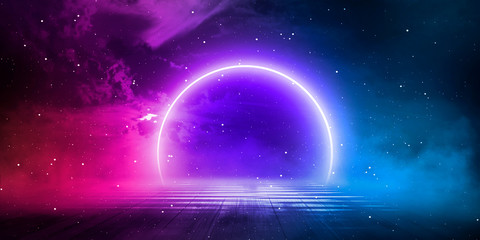 Night landscape, dark forest, river. Night sky, mountains. Reflection in the water of moonlight. Dark futuristic natural background. 3D illustration. © MiaStendal