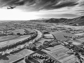 Panoramic view of river Arno near the hill , aerial view.