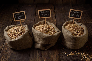 Grain of wheat, rye and barley in small burlap sacks on a wooden table. Name of the variety of grains on a wooden plate frame. Rustic, farm concept. Copy space