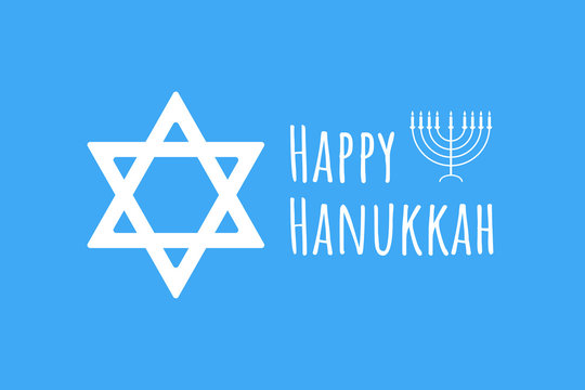 Happy Hanukkah - festive background with Star of David and menorah - traditional candlestick. Modern minimalistic template for banner, card, poster with text inscription. Vector EPS10 illustration.
