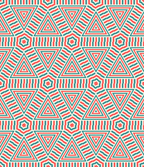 Striped triangle, rhombus, hexagon seamless pattern. Linear geometric background. Vector illustration.      