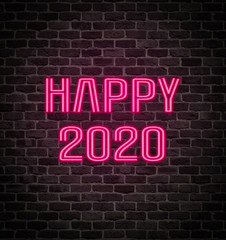 Glowing pink neon sign on brick wall for Happy New Year 2020