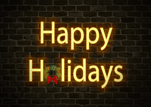 Glowing Happy Holidays Neon Marquee Sign With Christmas Wreath On Brick Wall