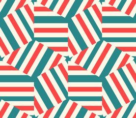 Abstract cube geometric seamless pattern with stripes, rhombuses. Striped mosaic, tile background, wrapping paper. Vector illustration.       