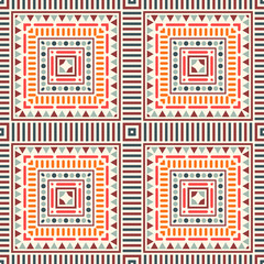 Geometric seamless pattern with triangles, dots, squares. Striped ethnic card. Tribal background. Vector illustration.   